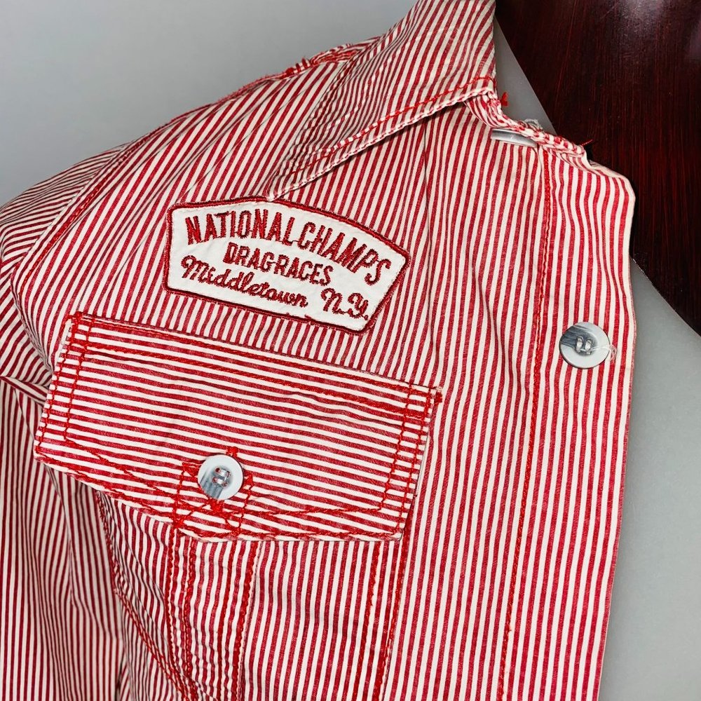 Strike Button Down Dragster Casual Dress Shirt Red Embroidery Patches - Picture 2 of 9